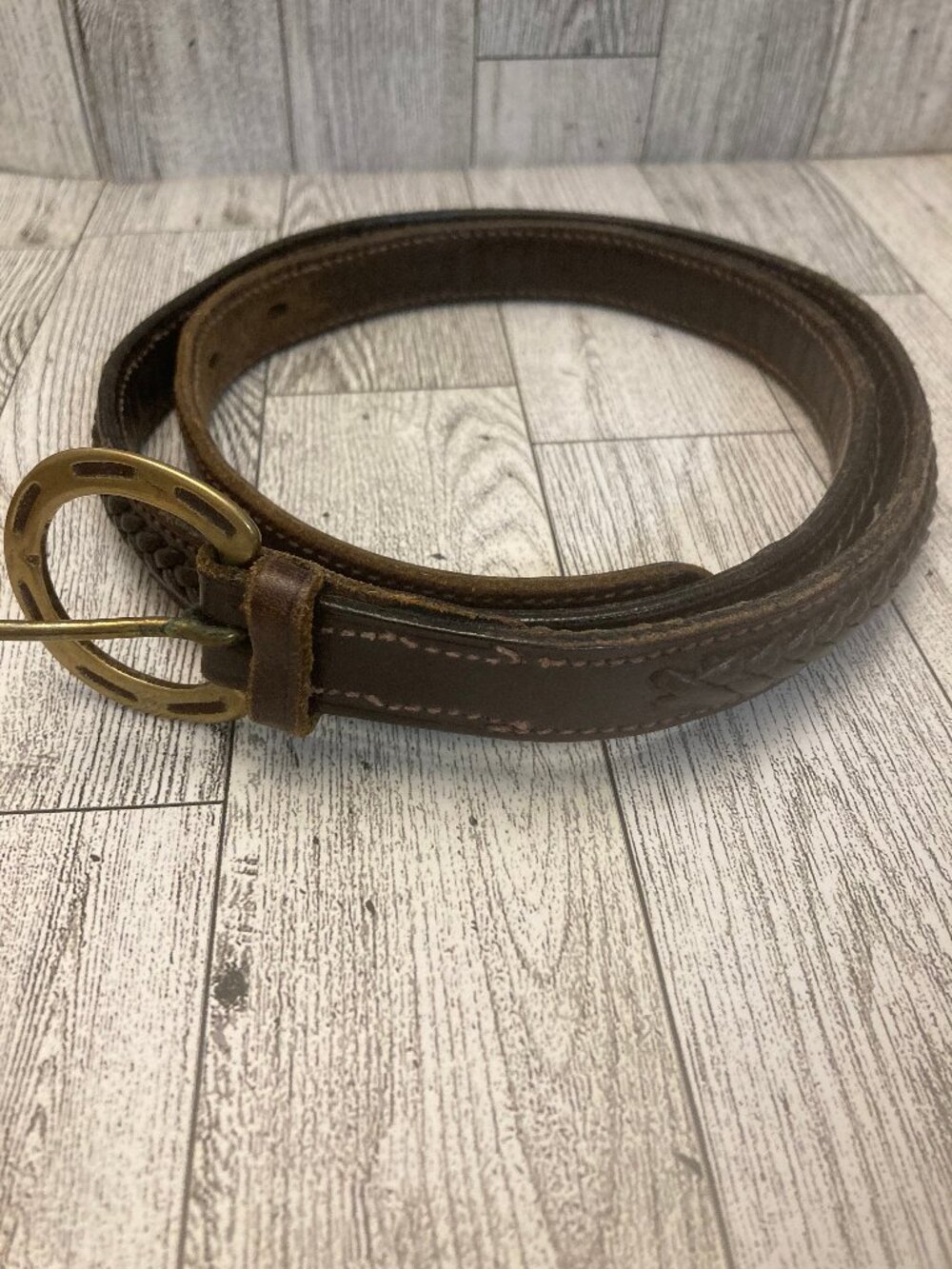Raised Braided Leather Belt with Brass Horseshoe Buckle